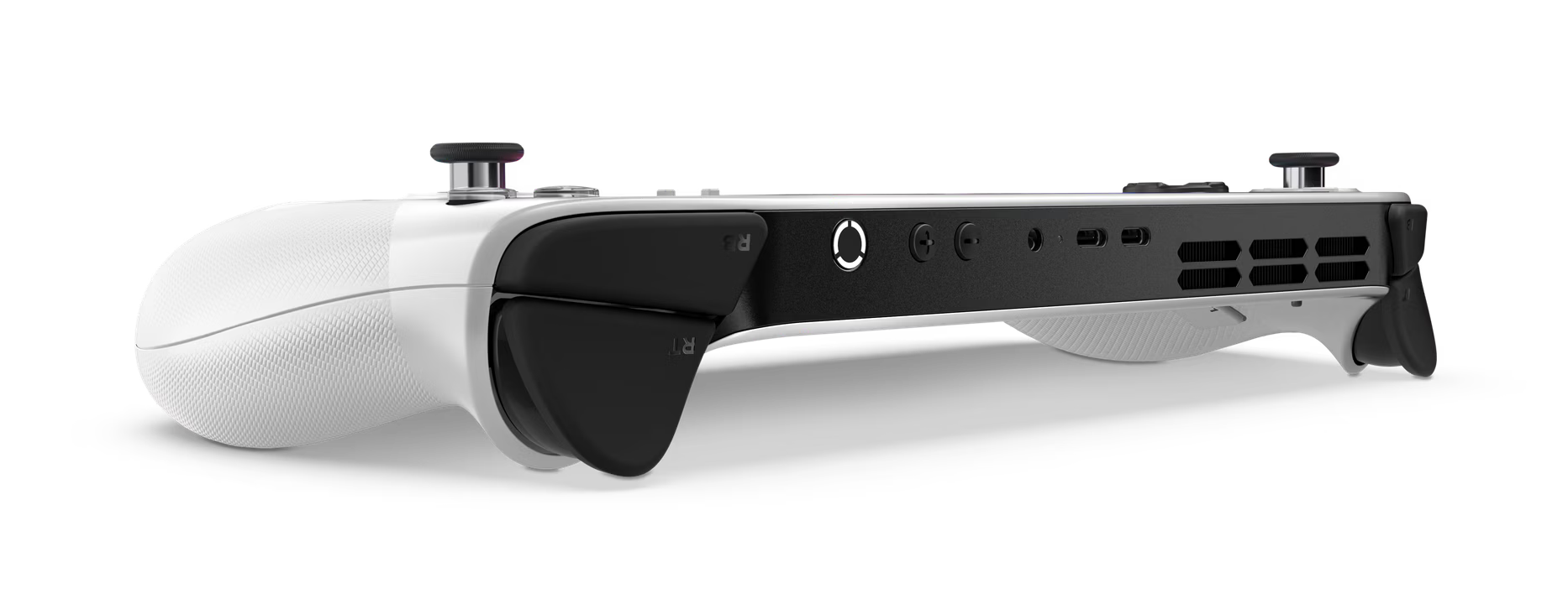 Białe i czarne przenośne urządzenie do gier, z przyciskami i innymi elementami.