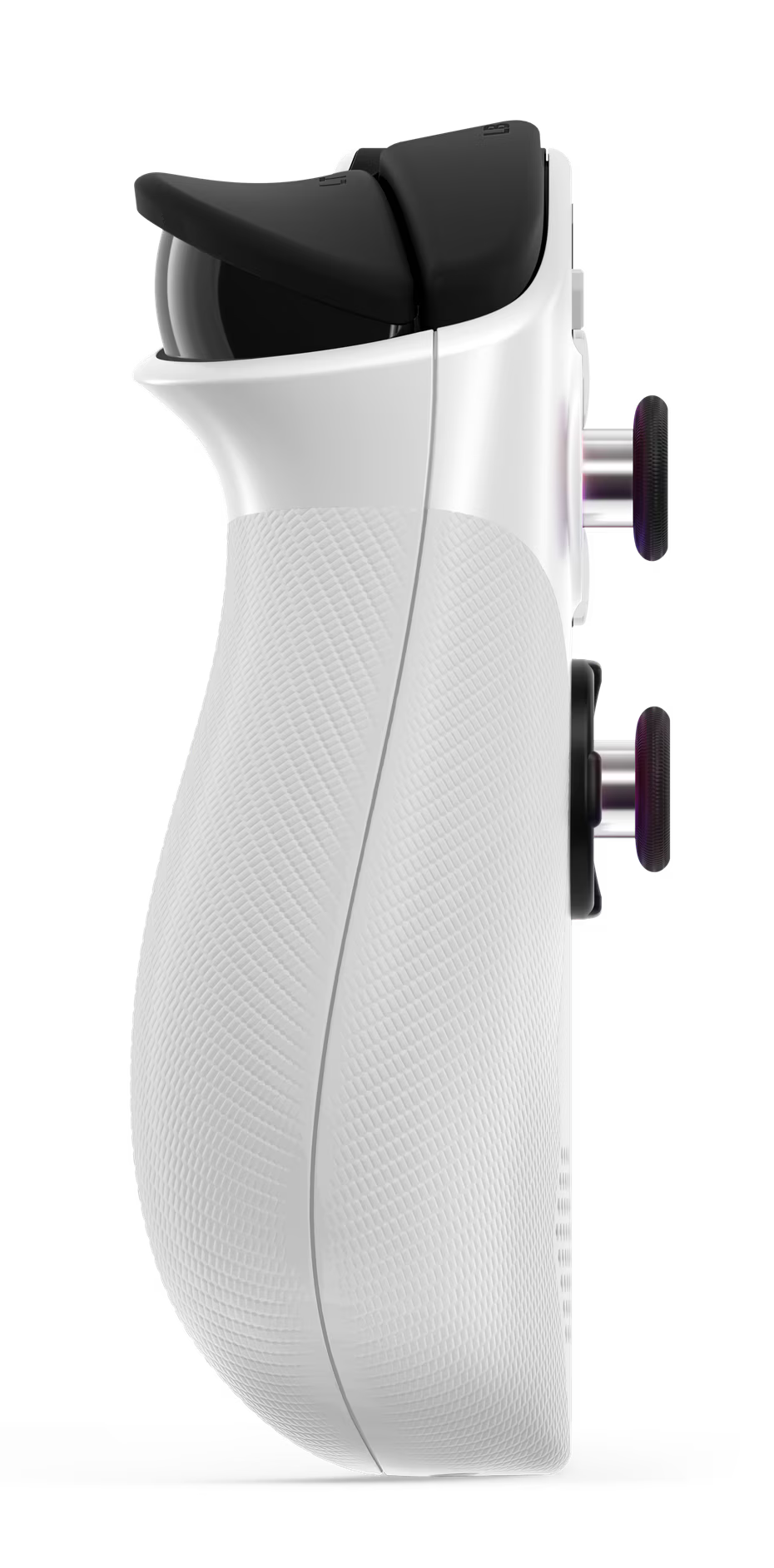 Zbliżenie białego kontrolera do gier z czarnymi przyciskami i fioletowymi detalami.