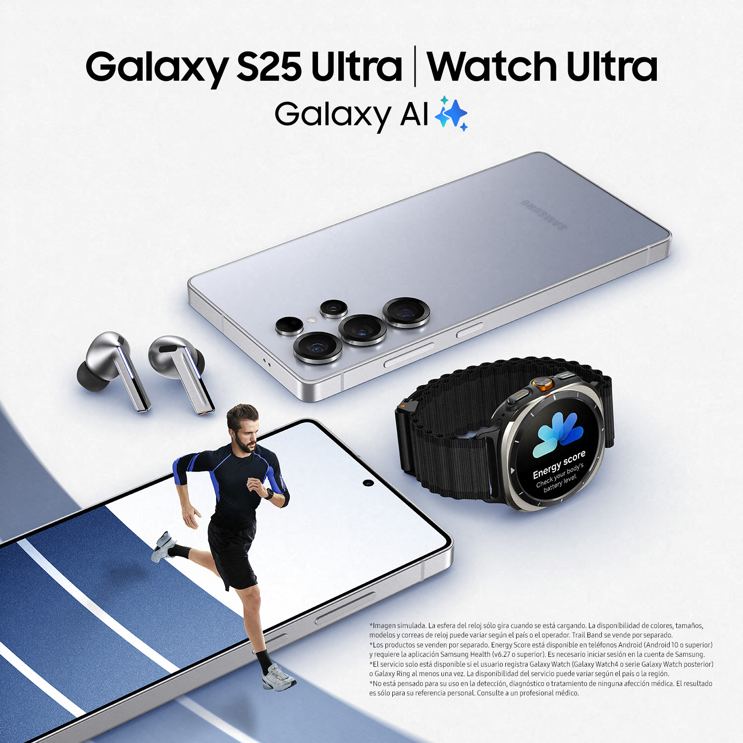 Hombre corriendo con Galaxy Watch Ultra, auriculares y teléfono. Texto: S25 Ultra, Watch Ultra, Galaxy AI.