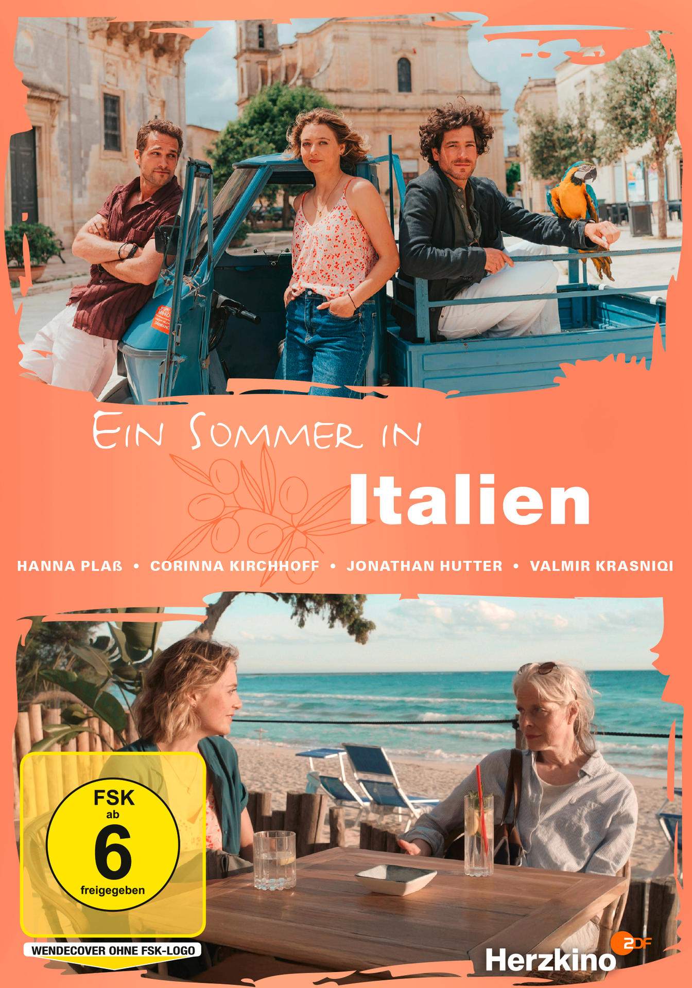 Filmposter: Ein Sommer in Italien. Personen in einem Auto und an einem Tisch. HerzKino-Logo.