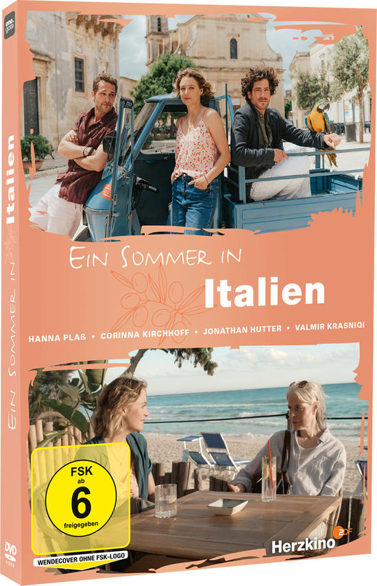 DVD-Cover. Drei Personen vor einem blauen Auto. Der Titel lautet 'Ein Sommer in Italien'. Andere Personen sind sichtbar.