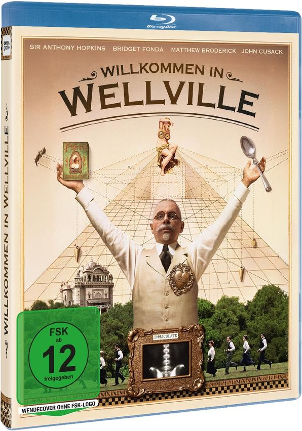 Blu-ray-Cover für 'Willkommen in Wellville'. Ein Schauspieler ist im Zentrum. Andere Schauspieler und ein Gebäude sind sichtbar.