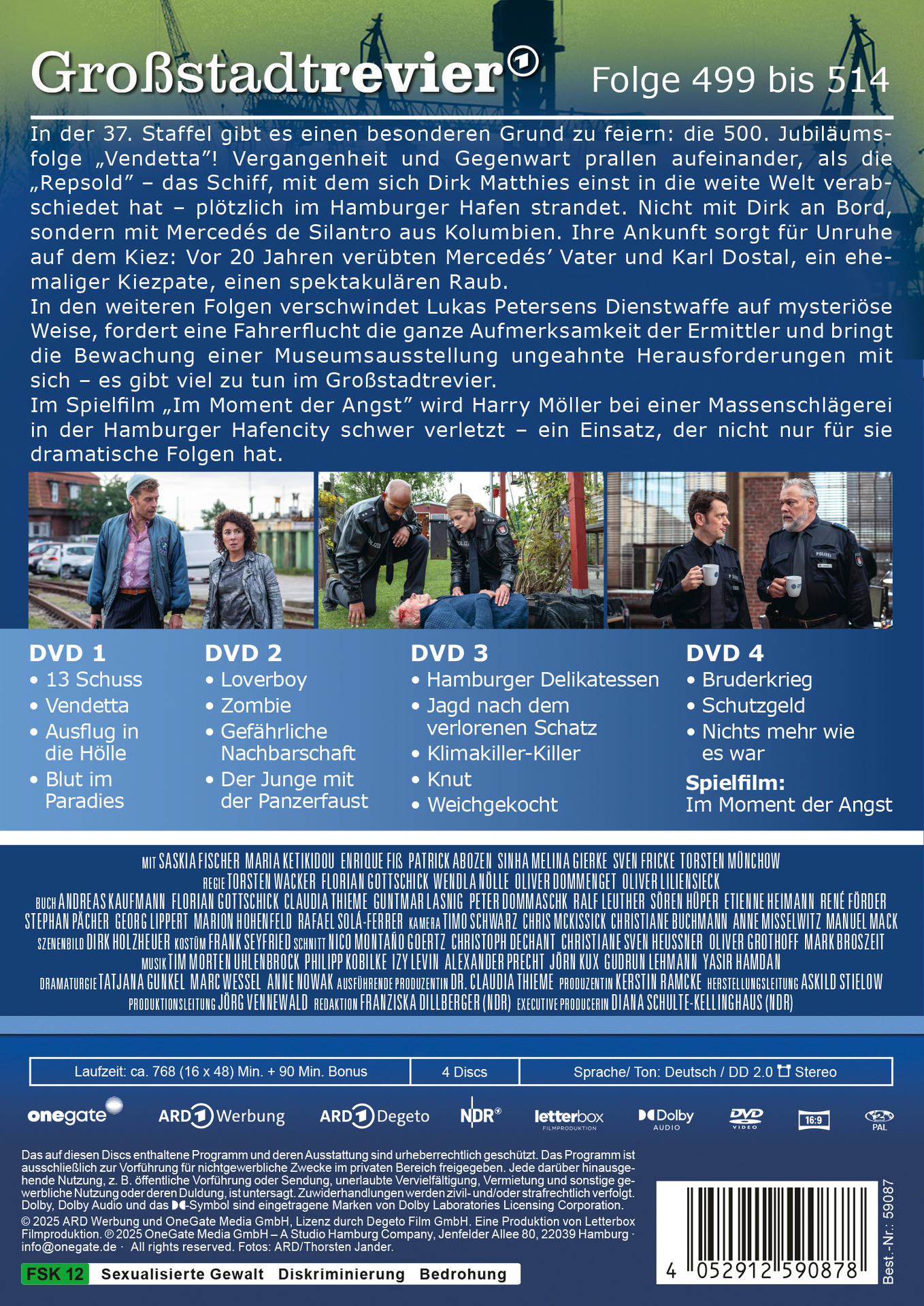 Rückseite der DVD. Viele Bilder von Schauspielern. Text auf Deutsch. Zeigt Szenen aus der TV-Serie 'Großstadtrevier'.