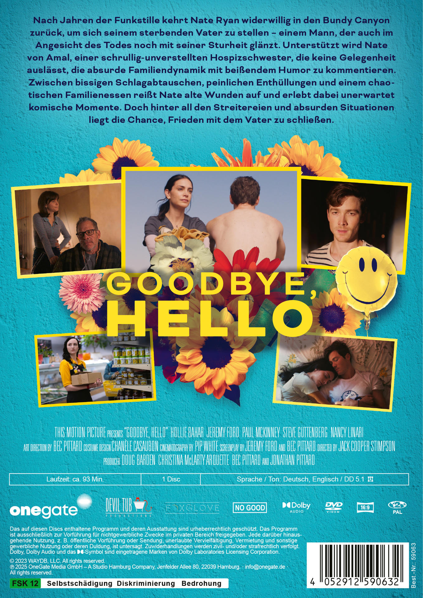 Rückseite der DVD. Bilder von Schauspielern und Text. Zeigt Szenen aus dem Film 'Goodbye, Hello'.