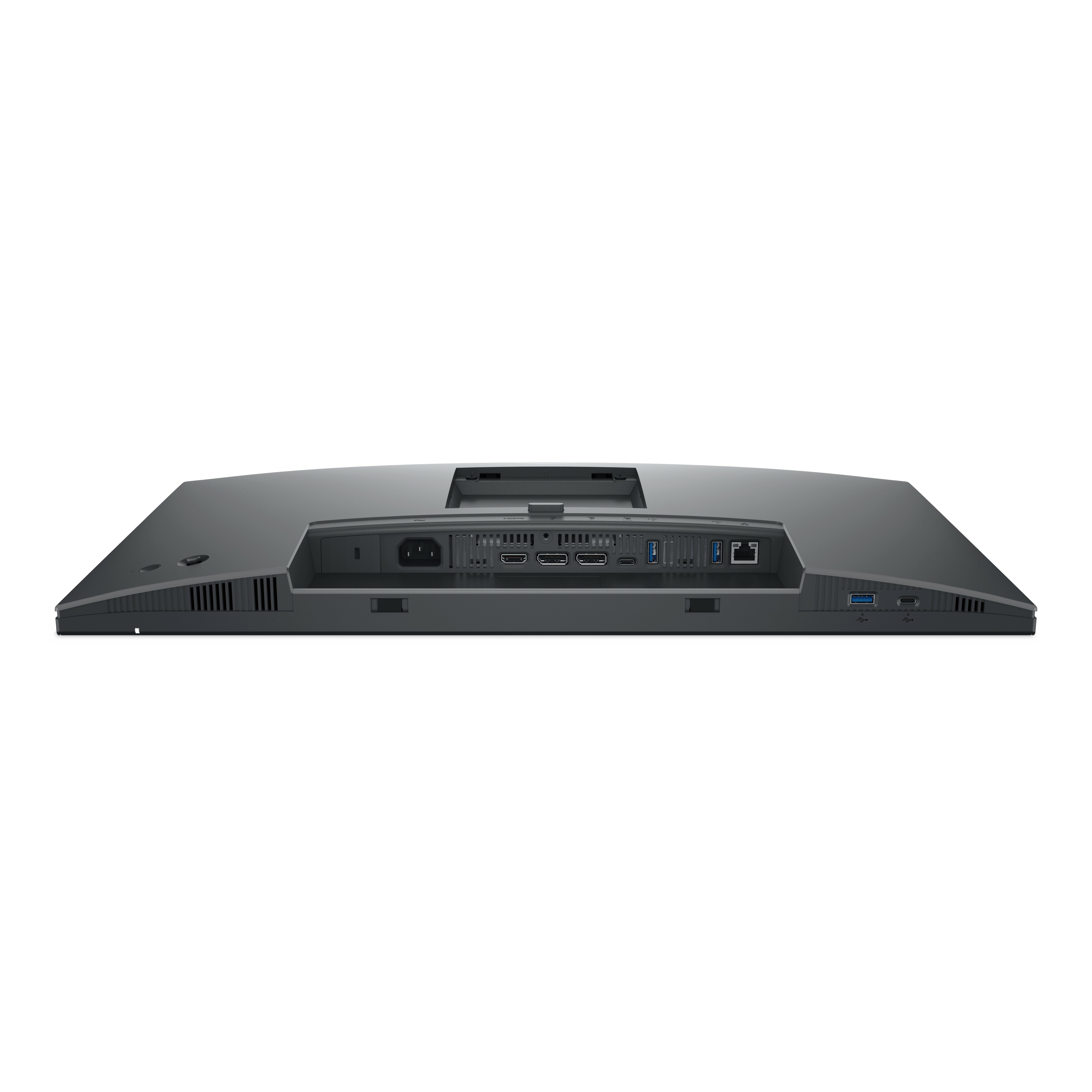 Rückseite eines grauen Computermonitors mit Anschlüssen für Strom, HDMI, USB und andere Anschlüsse, vor weißem Hintergrund.