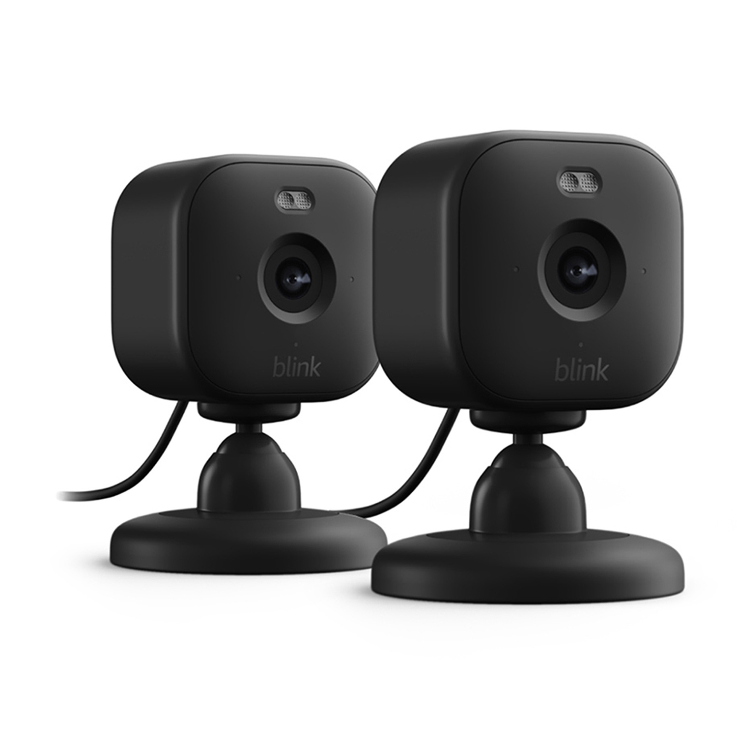 Due telecamere di sicurezza nere su supporti. Ognuna ha un obiettivo e una luce lampeggiante.