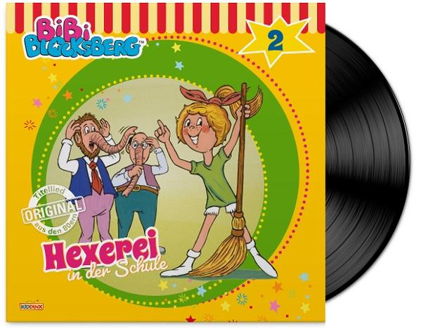 Albumcover mit Comic-Hexe und zwei Figuren. Text: 'Hexerei in der Schule'.