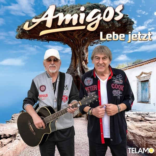 Zwei Männer stehen vor einem Baum. Einer hält eine Gitarre. Im Hintergrund sind ein weißes Gebäude und blauer Himmel zu sehen.