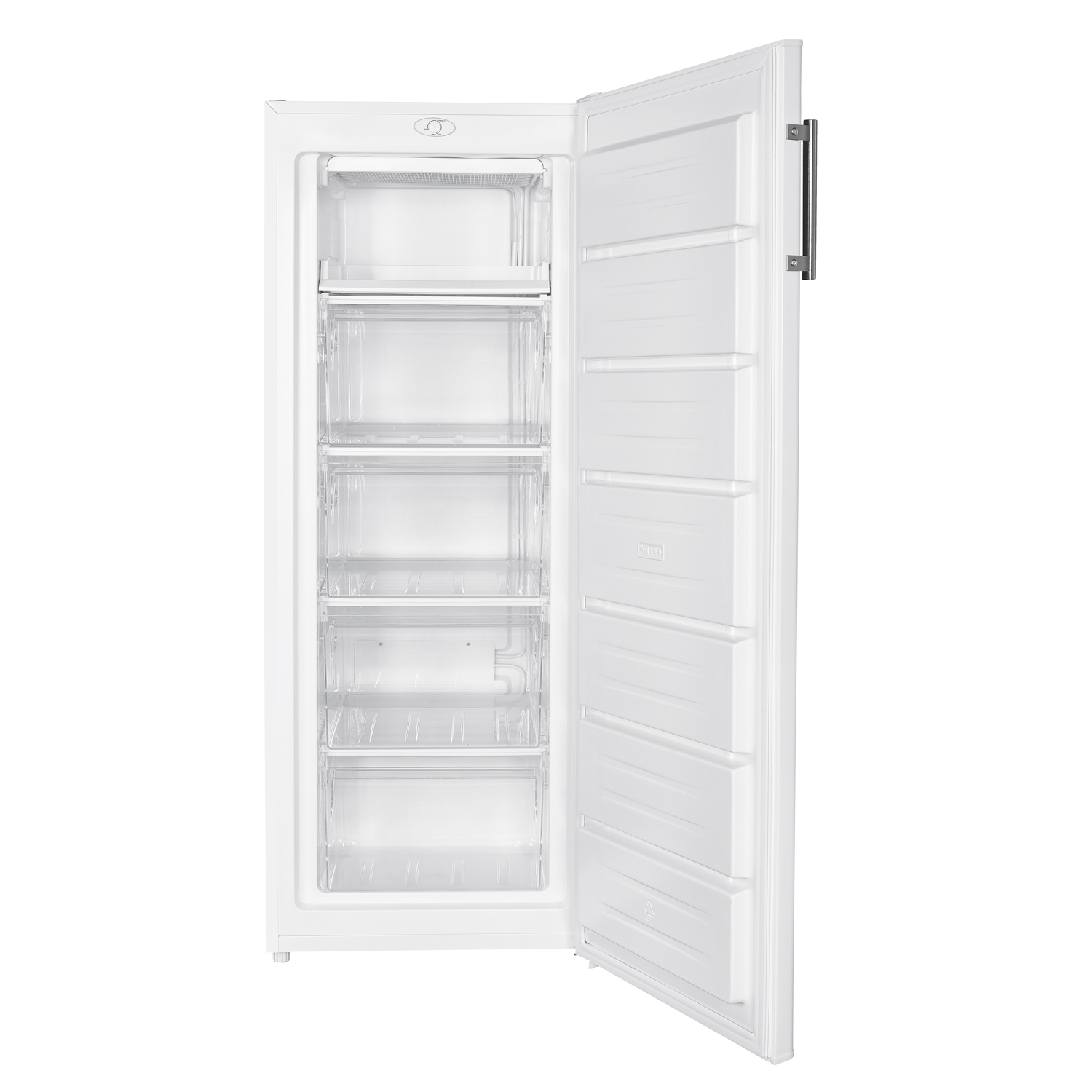 White, open freezer. Interior shows shelves and drawers. Door with a handle. White background.