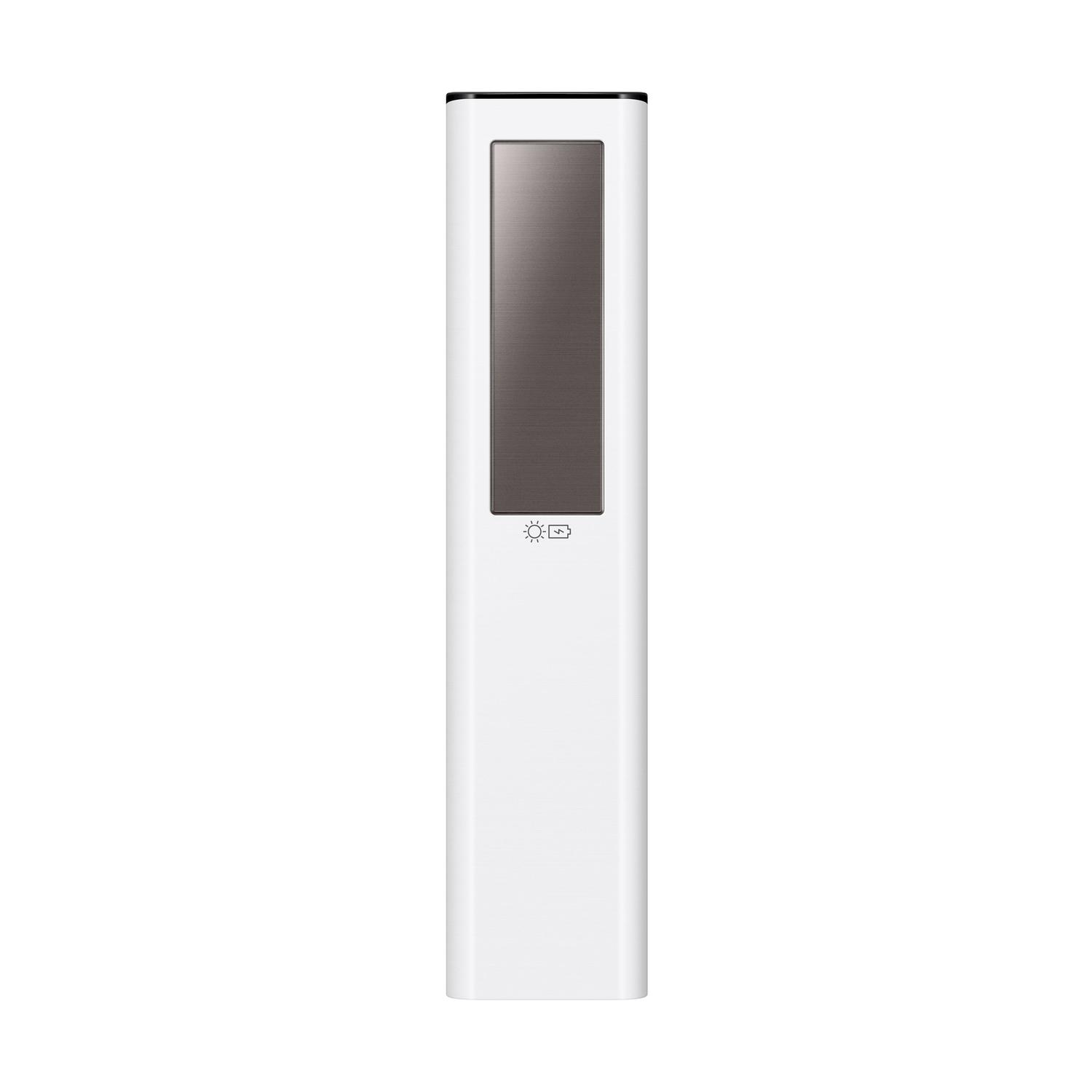 Telecomando bianco con pannello grigio scuro. Sfondo bianco.