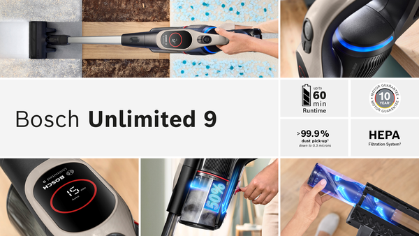 Bosch Unlimited 9 kablosuz süpürge ve özellikleri: çalışma süresi, toz toplama, HEPA.