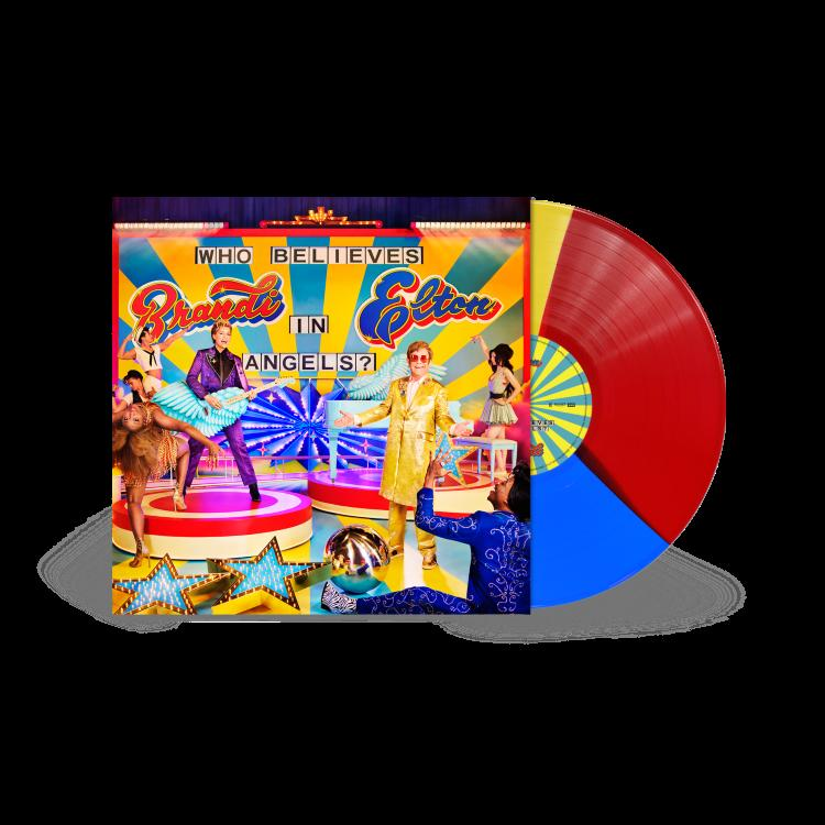 Albumhoes met een kleurrijke scène met artiesten. Er is ook een vinylplaat aanwezig.