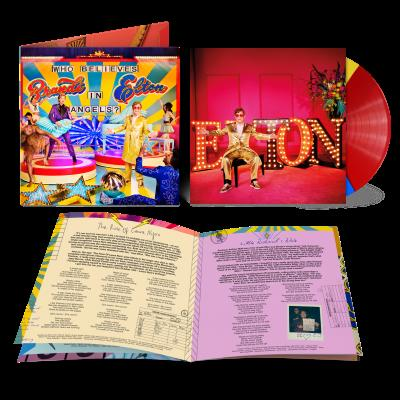 Elton John's albumhoes en vinylplaat. Kleurrijk ontwerp op een zwarte achtergrond.