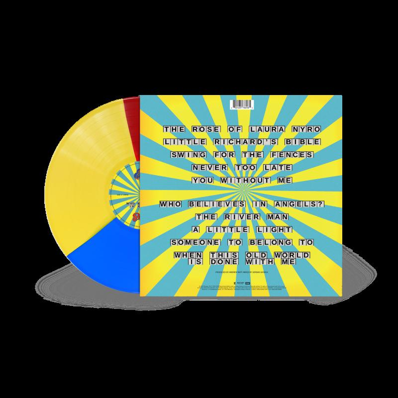 Albumhoes met een gele vinylplaat en een tracklist op de achterkant.