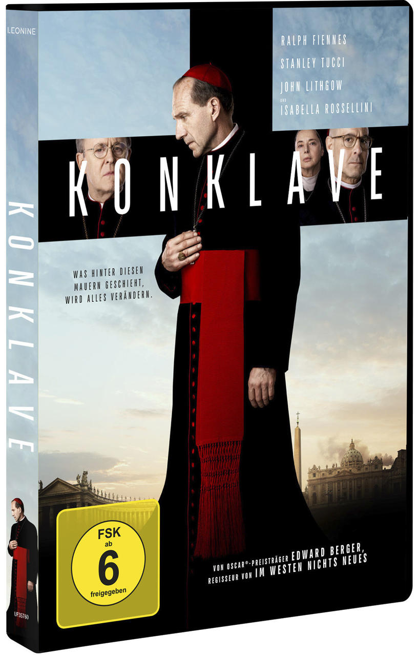 DVD-Hülle des Films 'Konklave'. Mit Ralph Fiennes. Weißer Hintergrund.