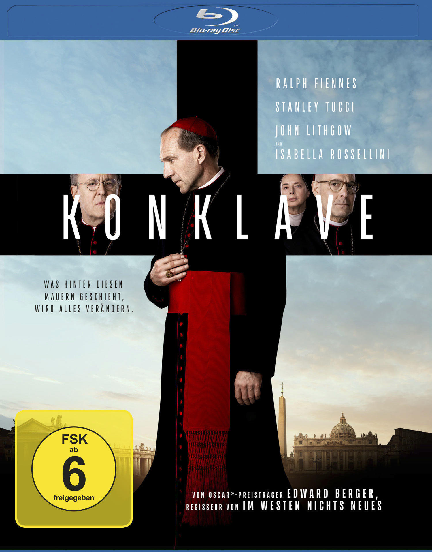 DVD-Cover von "Konklave" mit Kardinal und religiösen Figuren.