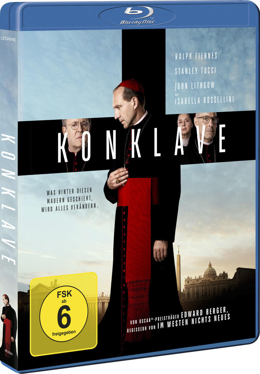 Blu-ray-Hülle des Films 'Konklave'. Mit Ralph Fiennes. Weißer Hintergrund.