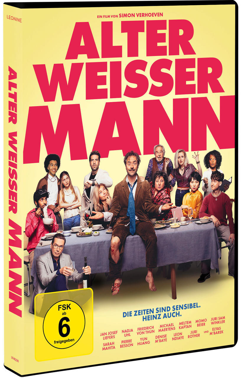 DVD-Cover des deutschen Films 'Alter Weißer Mann'. Es zeigt eine Gruppe von Menschen an einem Tisch.