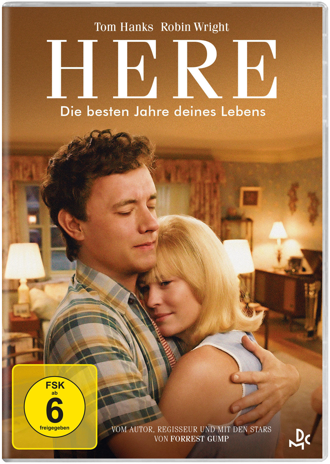 Filmcover mit Tom Hanks und Robin Wright umarmend, Titel 'Here', 'Die besten Jahre...'