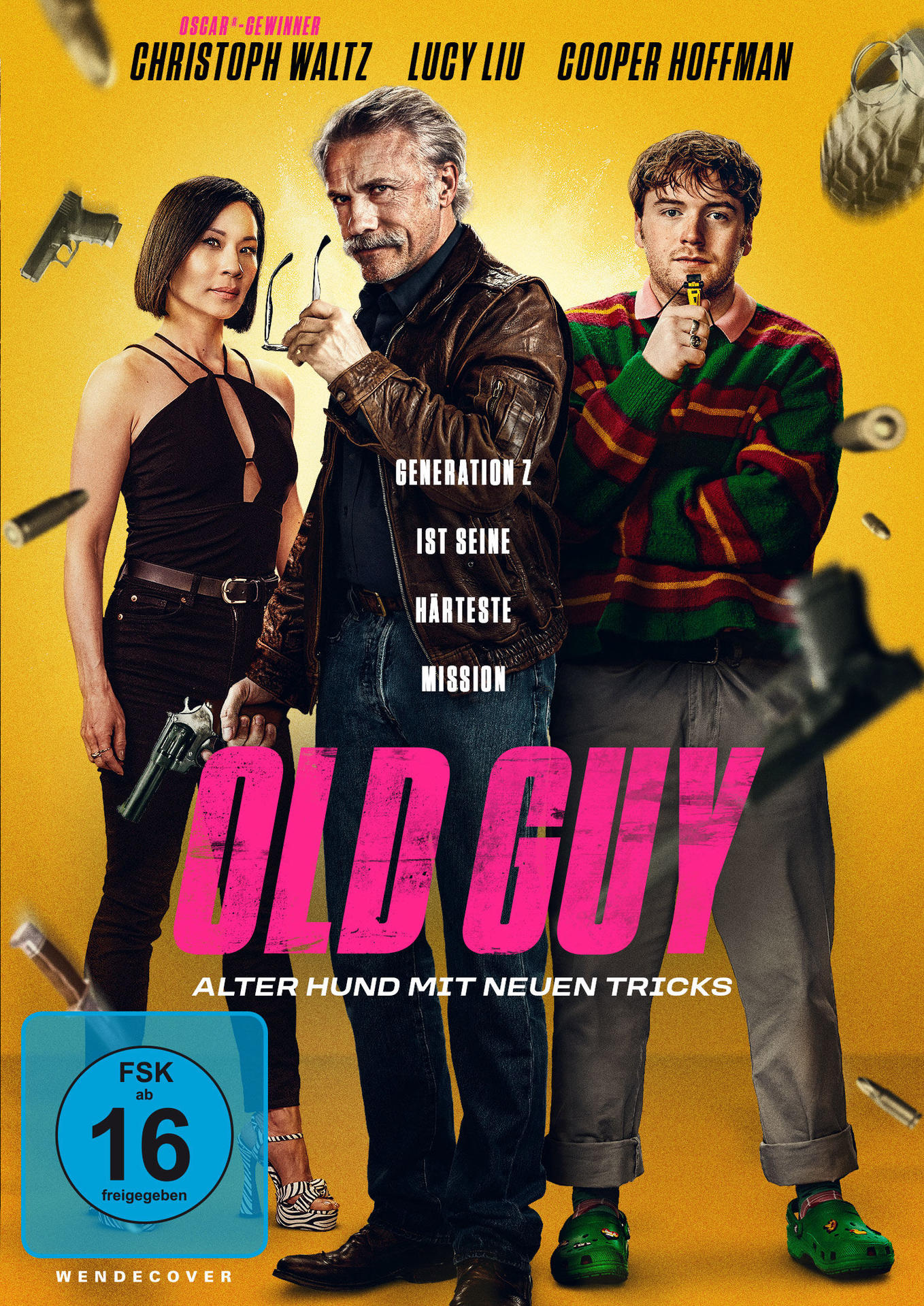 Filmposter mit drei Personen. Text: 'OLD GUY' mit Schauspielernamen. Ein Rating-Logo ist zu sehen.