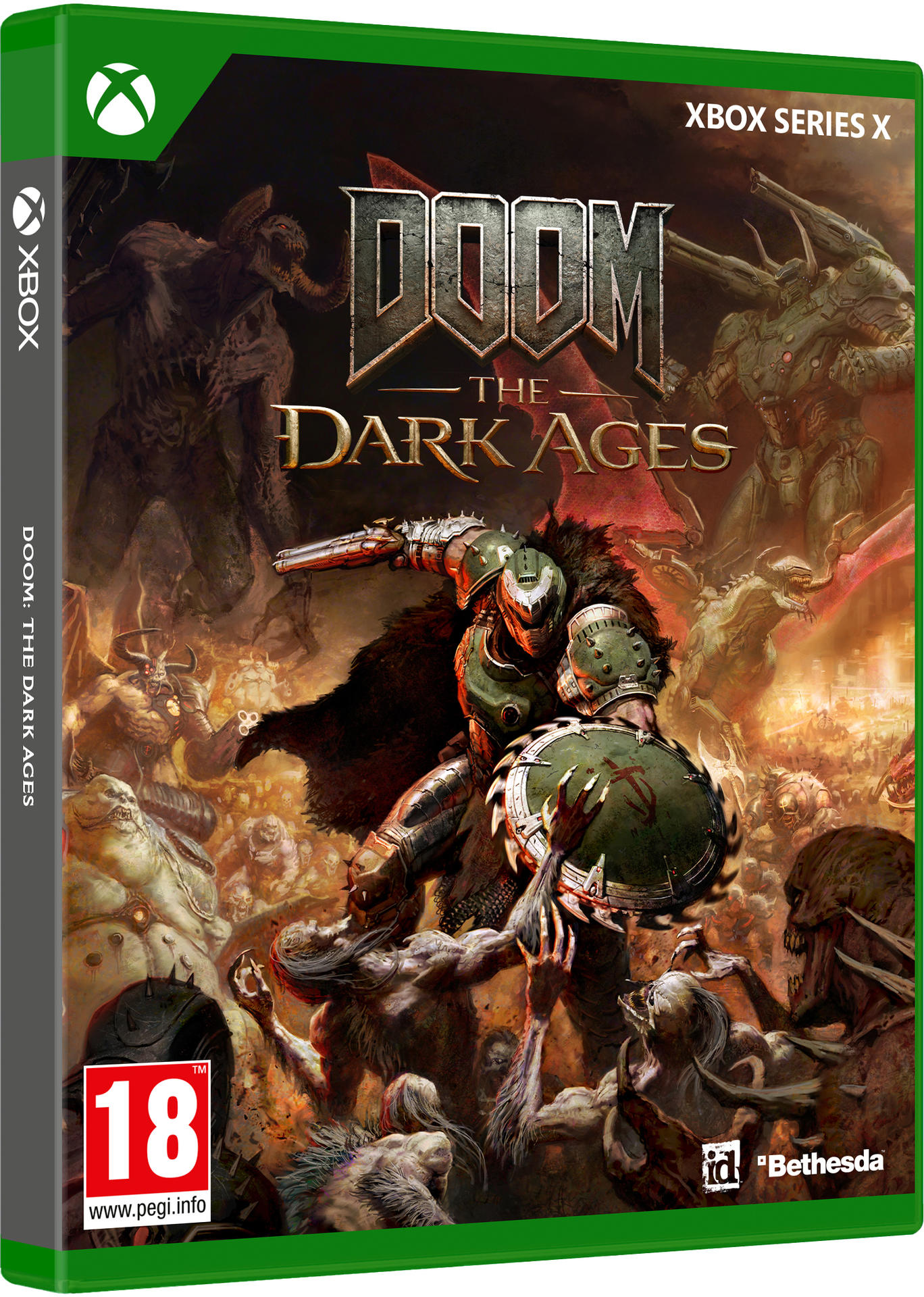 Xbox Series X Spielbox: Doom: The Dark Ages. Dämonen-gefülltes Artwork, grüne und rote Farbtöne.