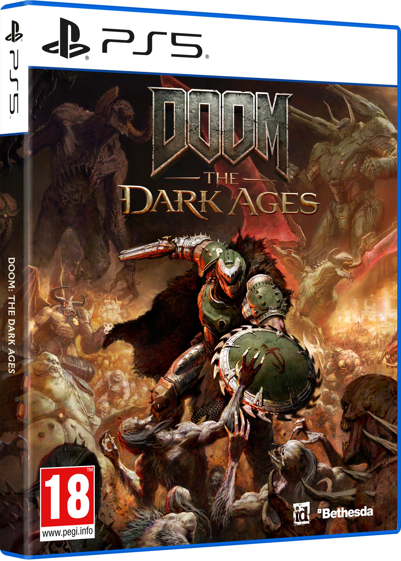 PS5-Spielbox für Doom: The Dark Ages. Dämonen-gefülltes Artwork, grüne, rote und orange Farbtöne.