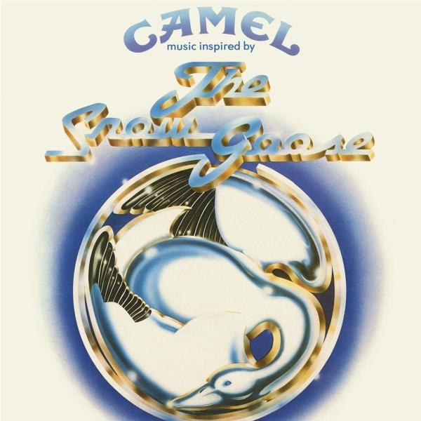 Albumcover mit dem Text "Camel" und "The Snow Goose". Enthält eine Schwan-Illustration in einem blauen Kreis.