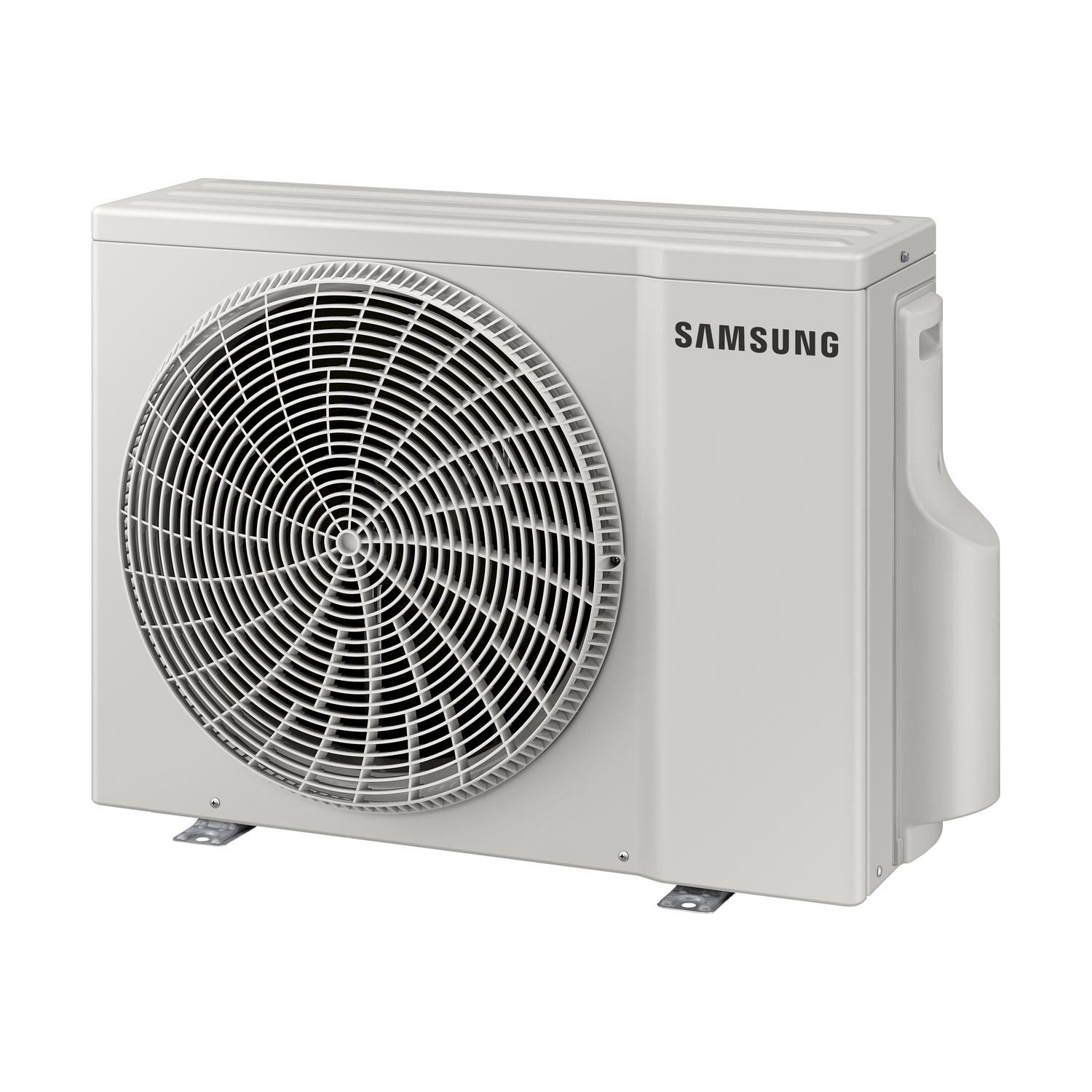 Un'unità di condizionatore Samsung bianca, con ventola scura all'interno, su sfondo bianco.