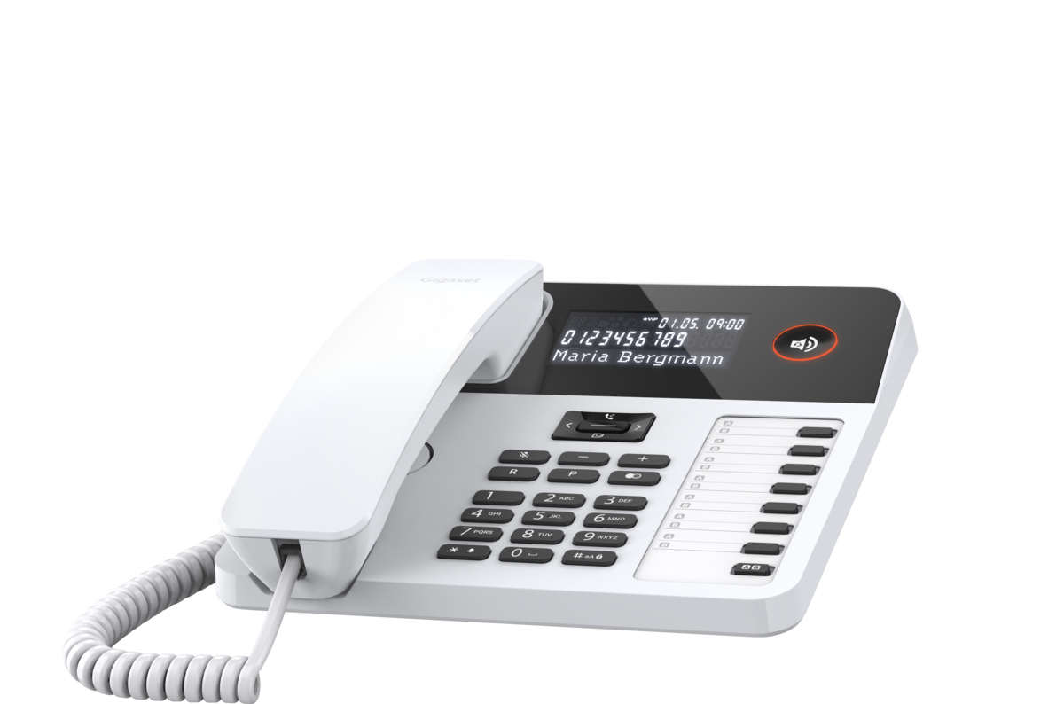 Weißes Gigaset-Telefon mit Anzeige von Zahlen und Uhrzeit. Schwarze Tasten und ein Lautsprechersymbol.