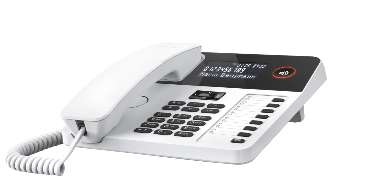 Weißes Tischtelefon mit Hörer und Display. Tasten und numerische Tastatur sind vorne auf weißer Oberfläche.