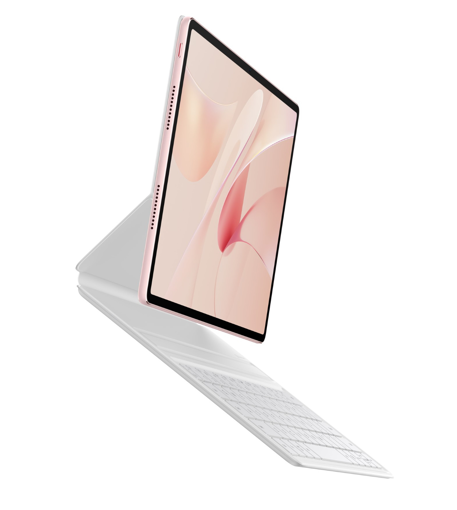 Różowy tablet z białą obudową klawiatury, unoszący się na białym tle.