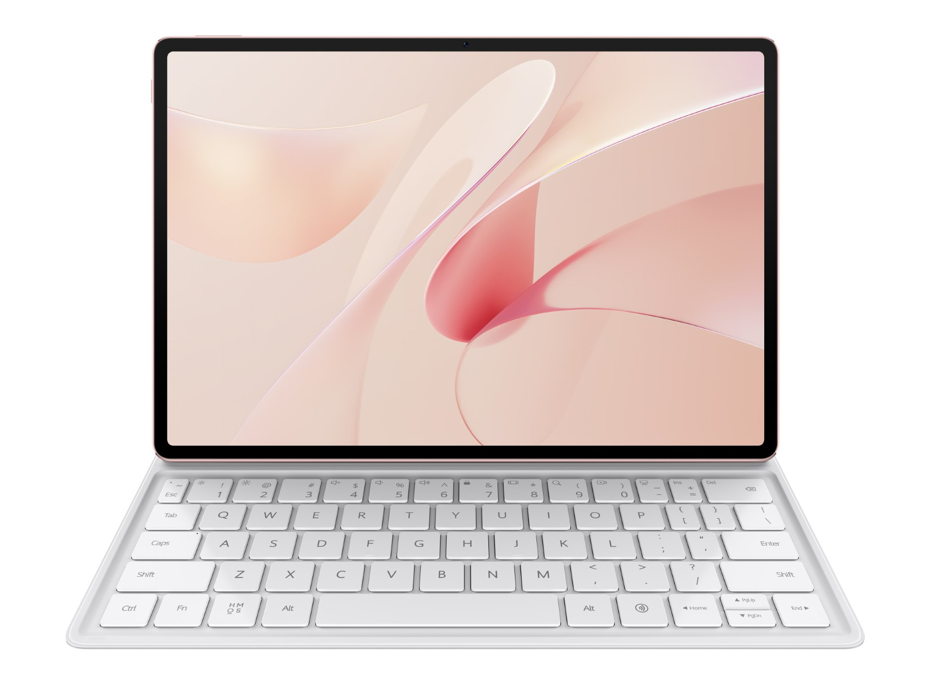 Biały tablet z dołączoną klawiaturą. Ekran wyświetla różowy i biały abstrakcyjny wzór.