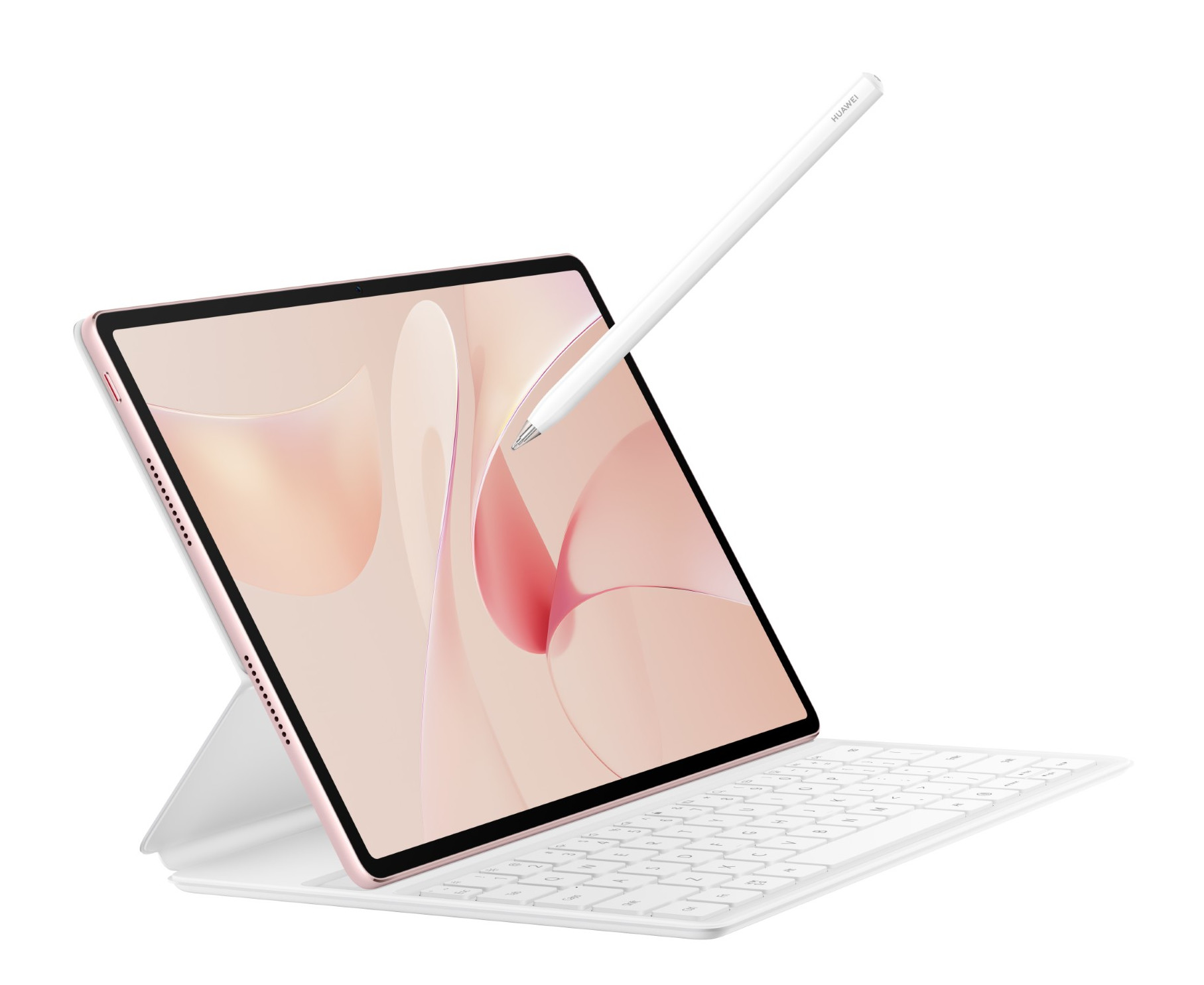 Tablet z rysikiem i klawiaturą. Tablet jest różowy z jasnoróżowym i białym ekranem oraz białą klawiaturą.