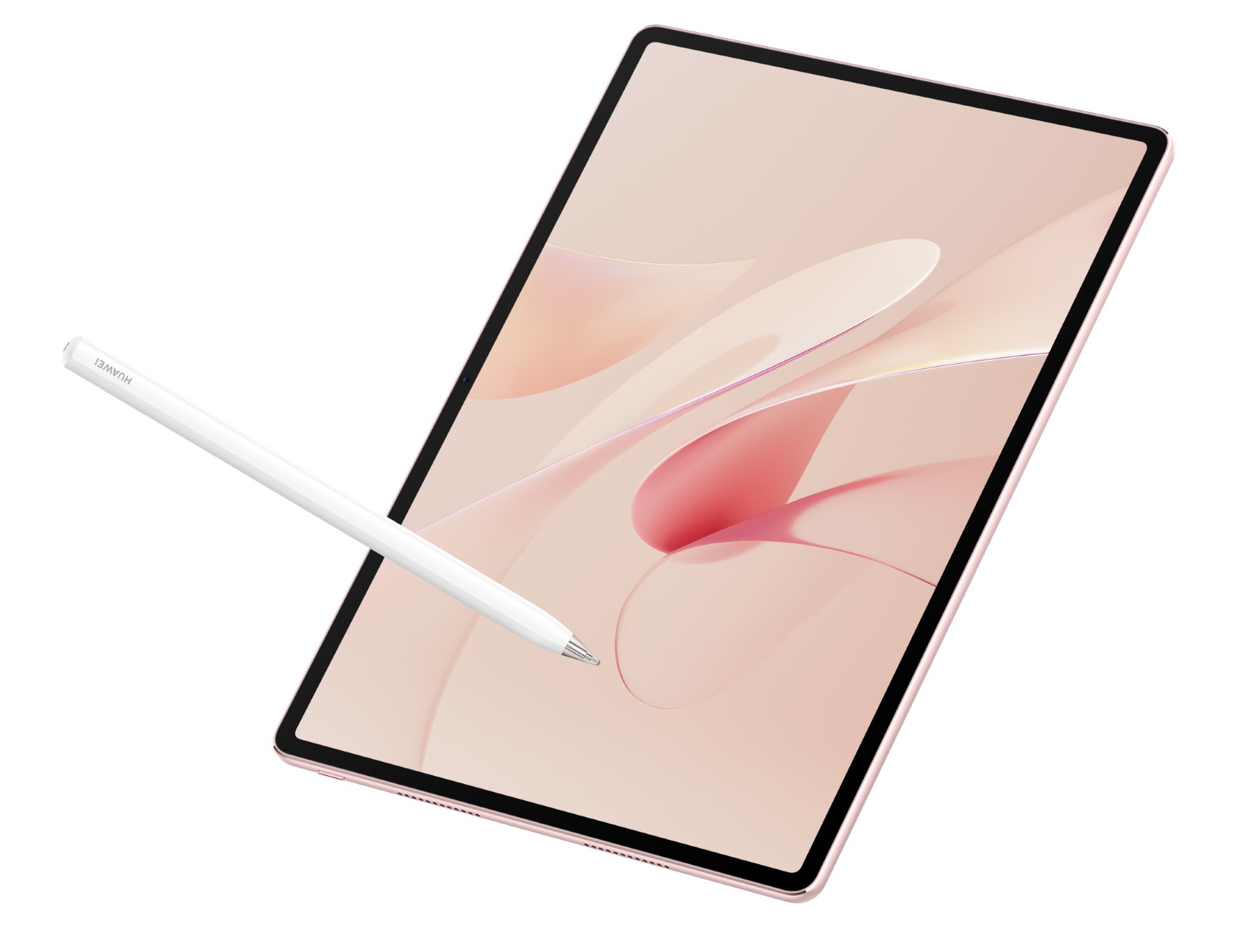 Różowy tablet z białym rysikiem. Tablet ma różowy i biały abstrakcyjny wzór na ekranie.