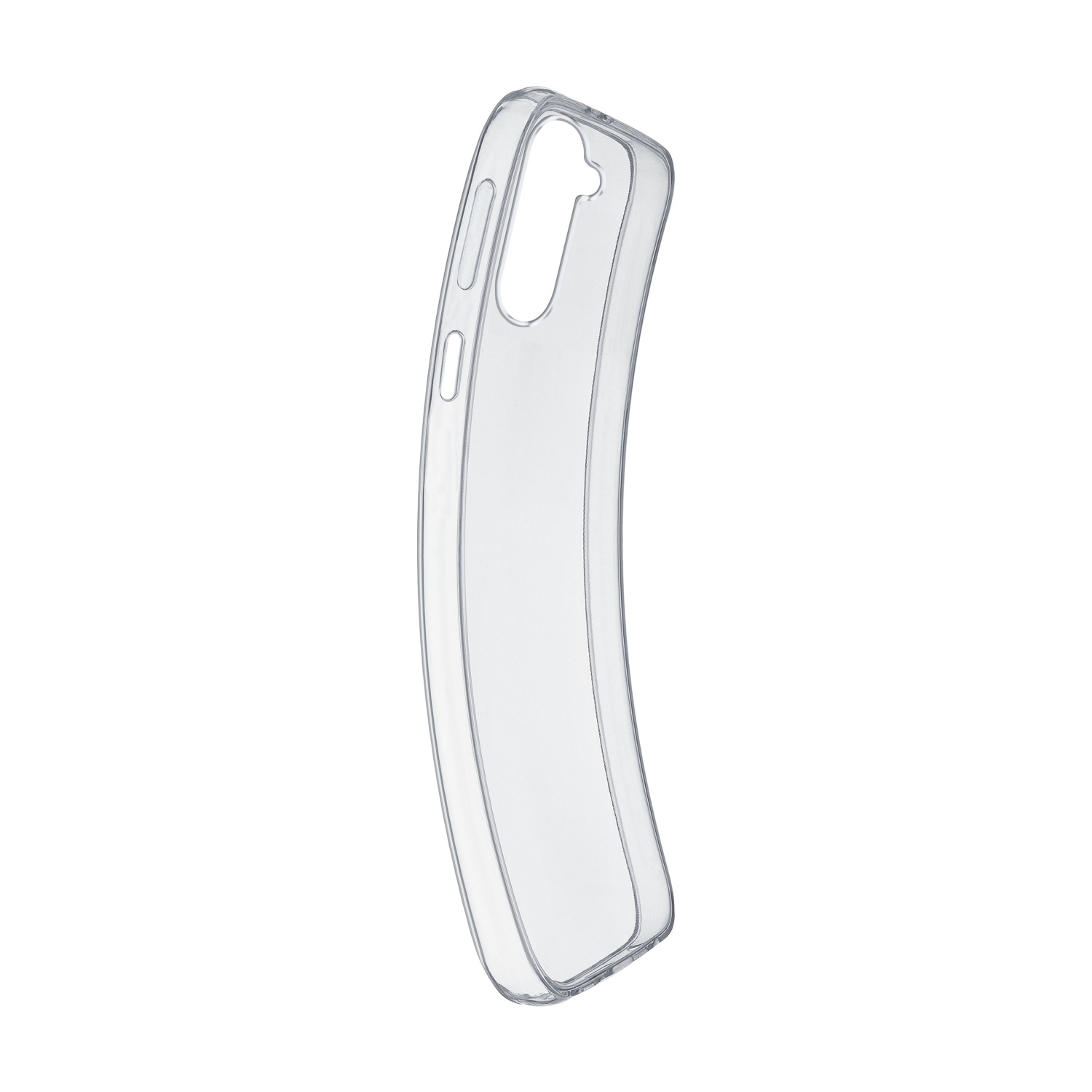 Custodia per telefono in plastica trasparente. Curva e vuota, su sfondo bianco.
