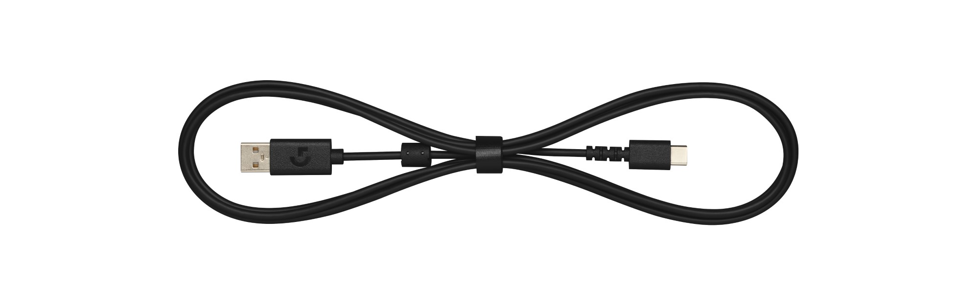 Czarny kabel USB w kształcie symbolu nieskończoności, białe tło.