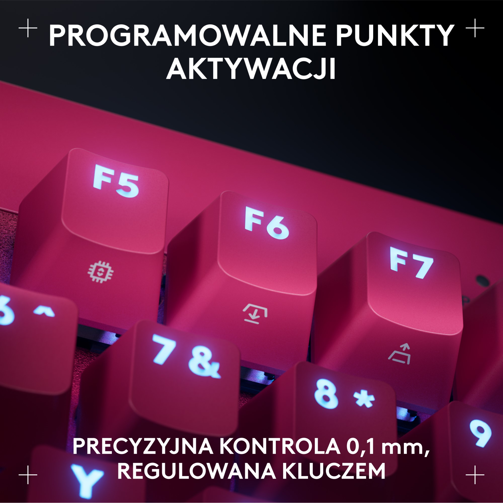 Zbliżenie różowych klawiszy z białym tekstem na ciemnym tle.