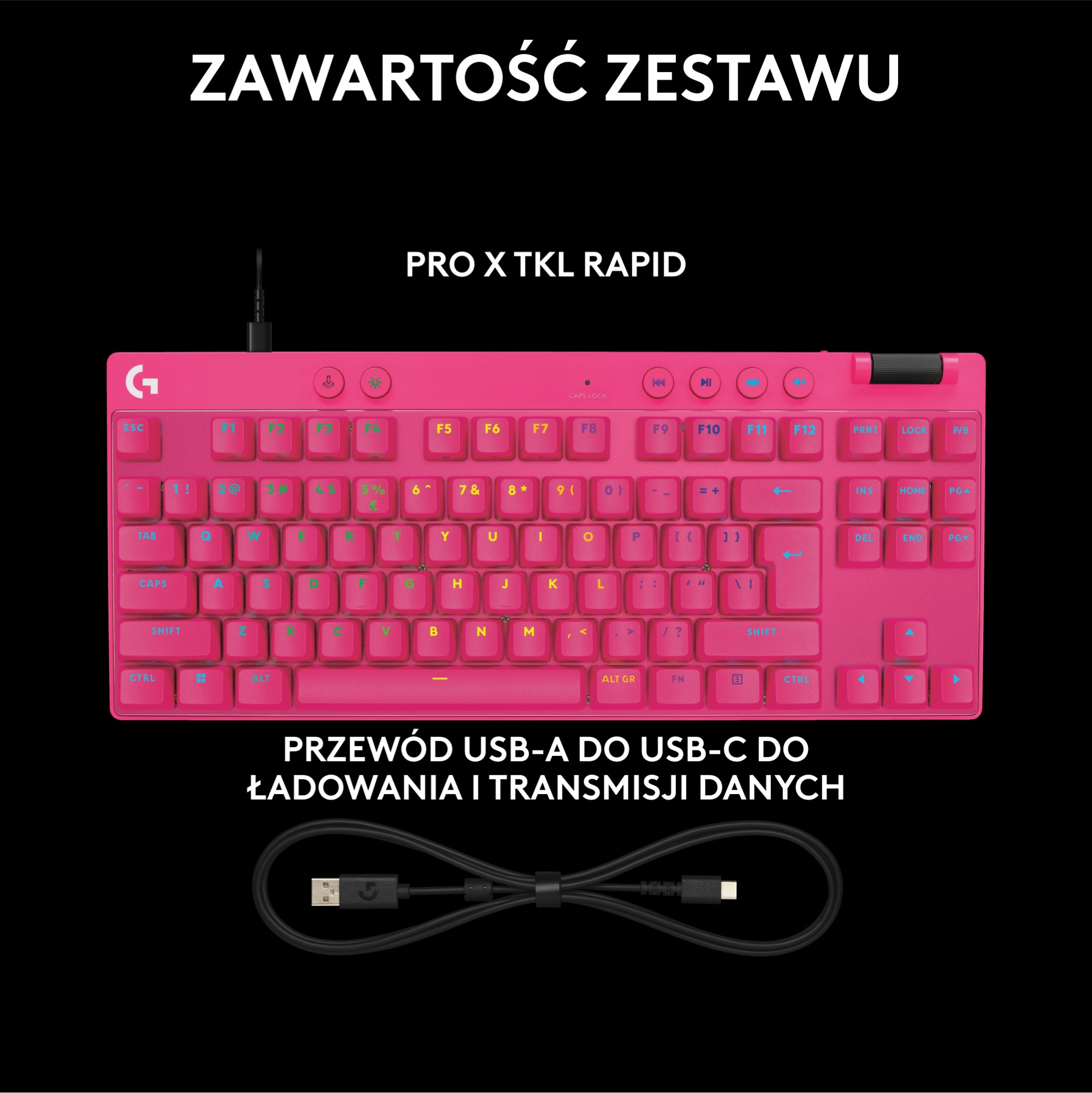 Różowa klawiatura z kablem USB-A do USB-C.
