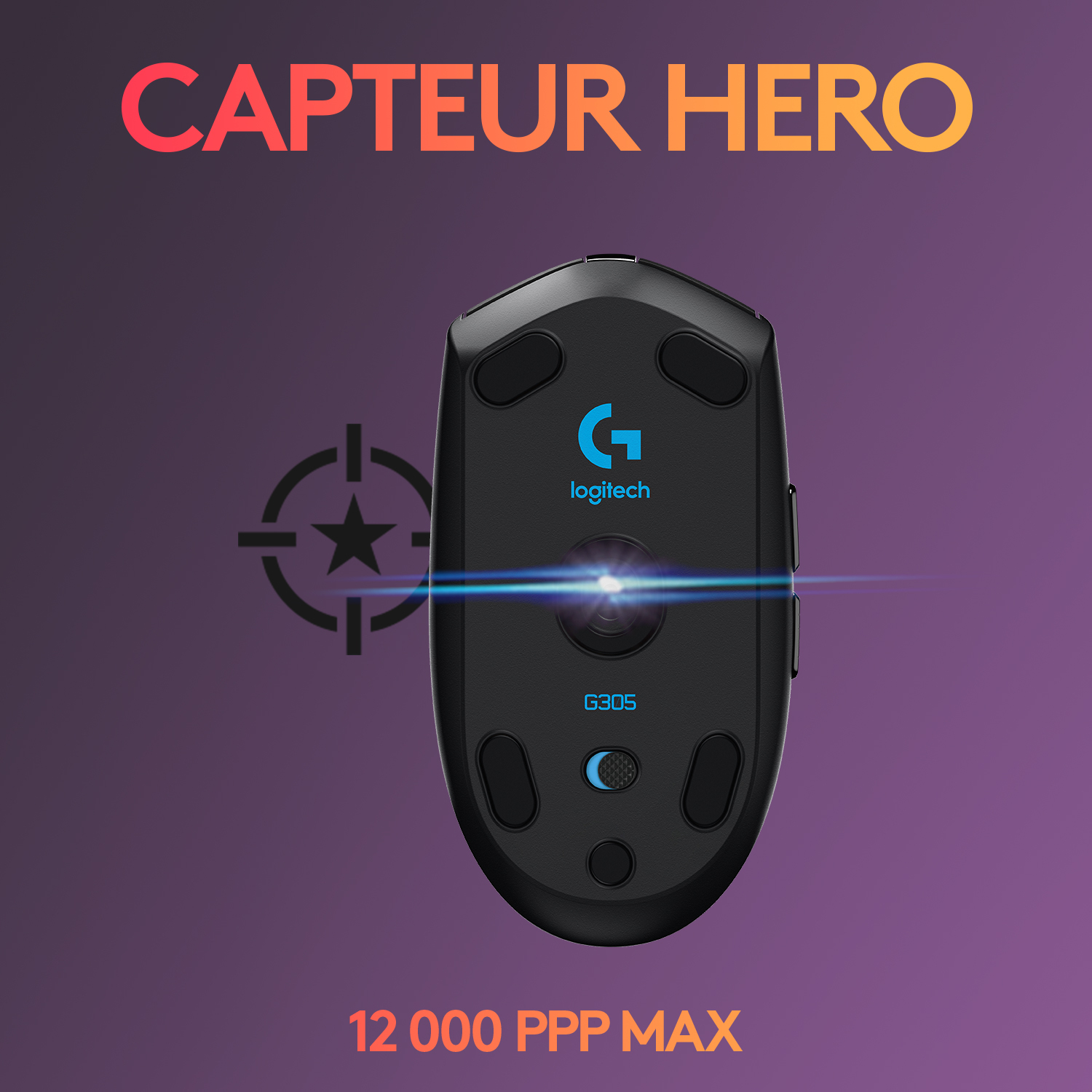 Souris gaming Logitech G305, noire. Caractéristiques : capteur hero, 12 000 DPI max. et icône cible.