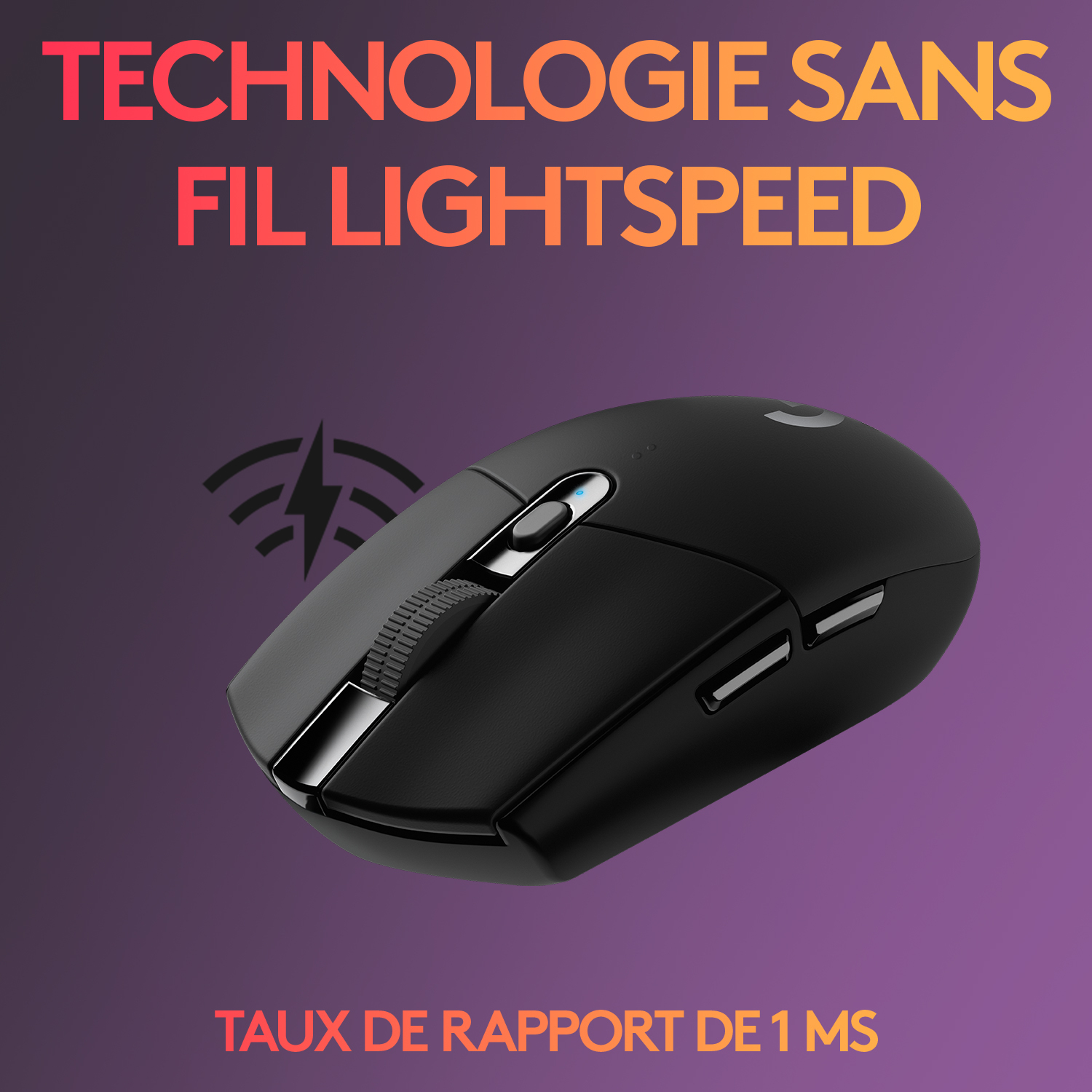 Une souris sans fil noire avec les mots 'TECHNOLOGIE SANS FIL LIGHTSPEED'.