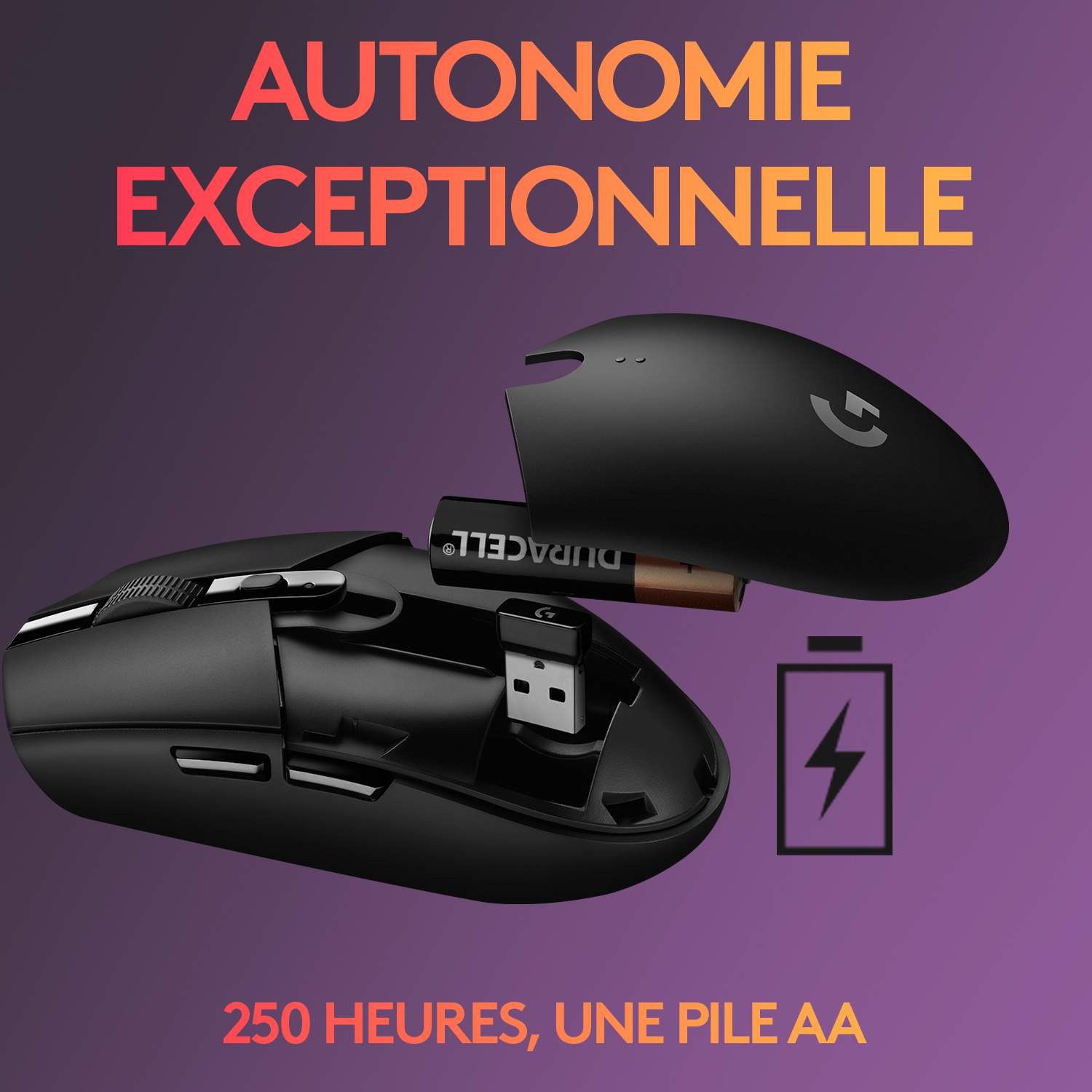 Une souris noire avec une pile et un récepteur USB. La souris est ouverte.