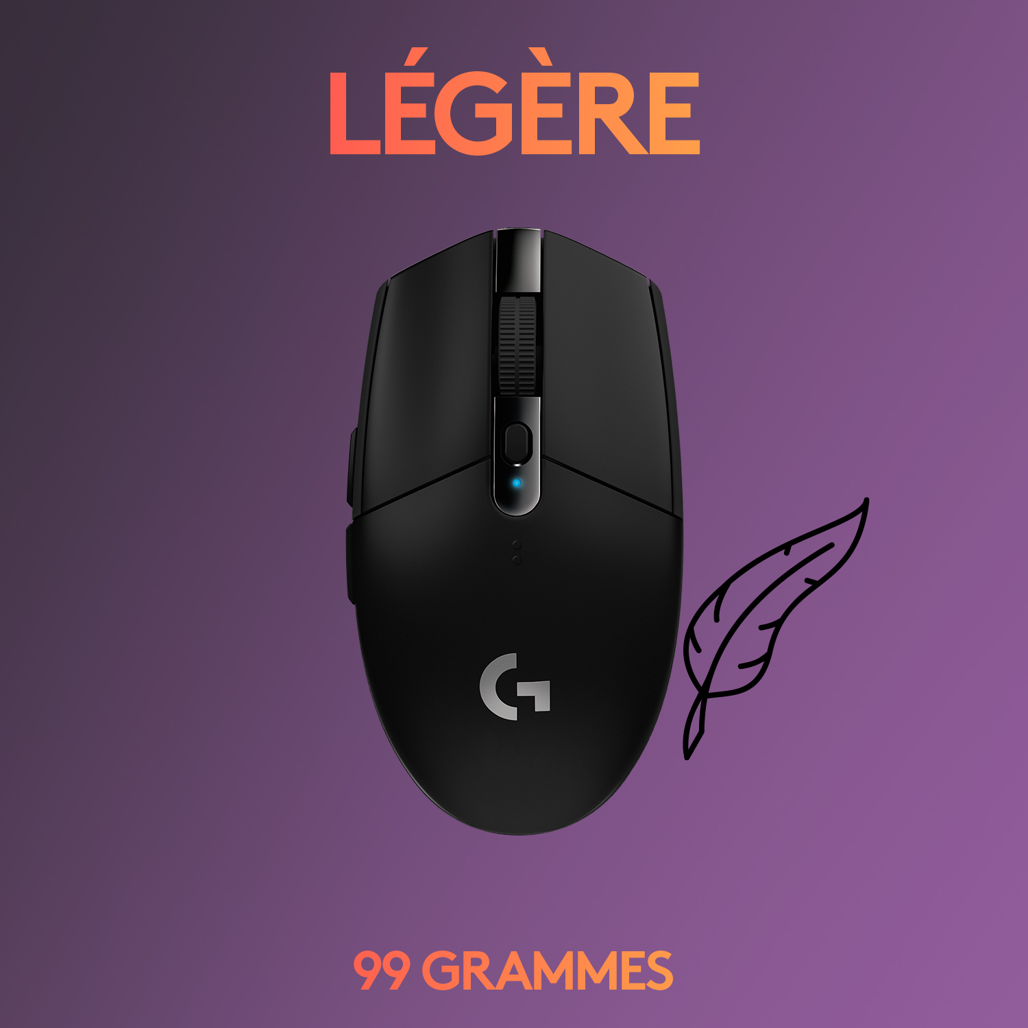 Souris noire avec un graphique de plume et le texte '99 grammes'.