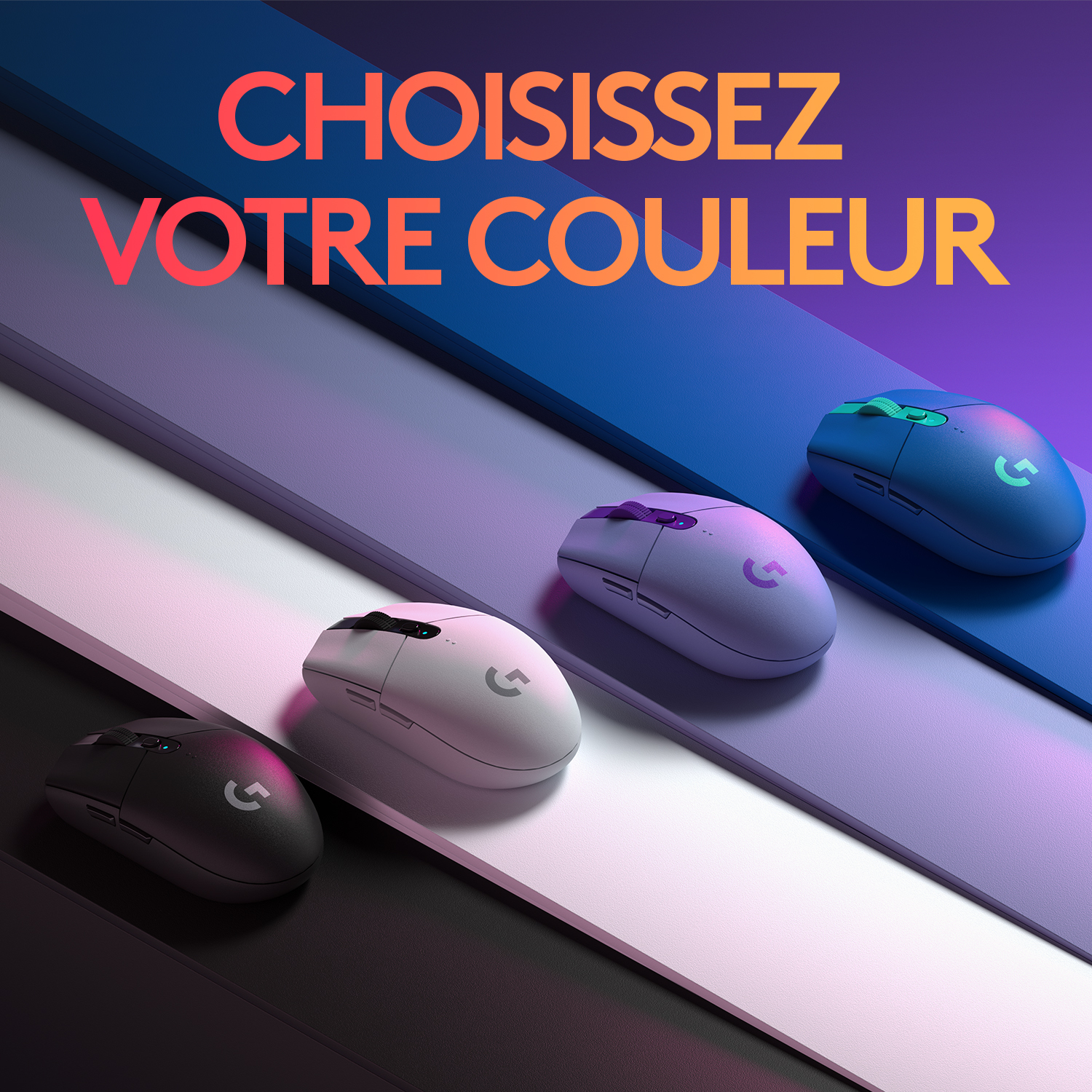 Quatre souris de jeu sans fil de différentes couleurs, avec le texte, choisissez votre couleur.