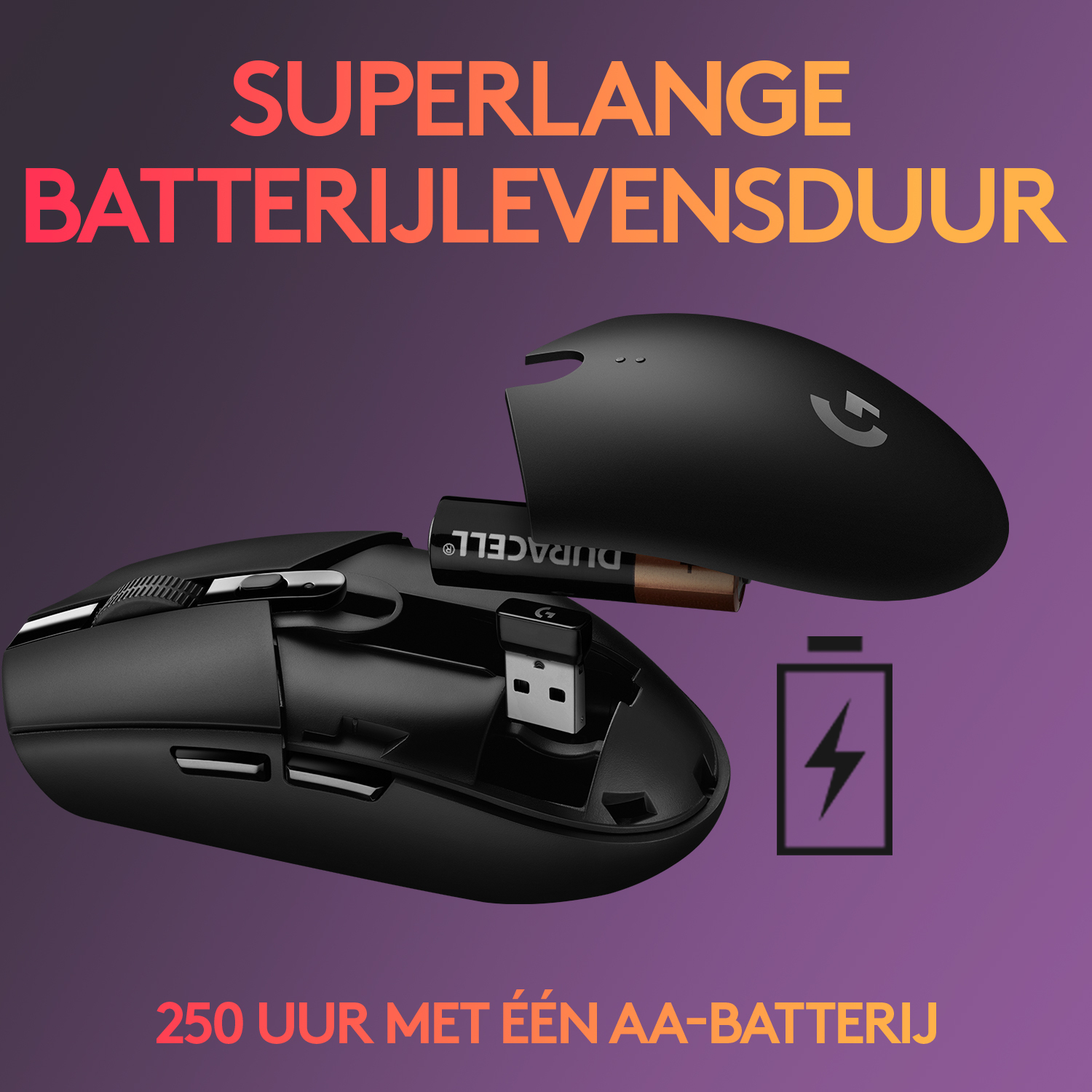 An exploded view of a black computer mouse with a battery and a USB receiver.