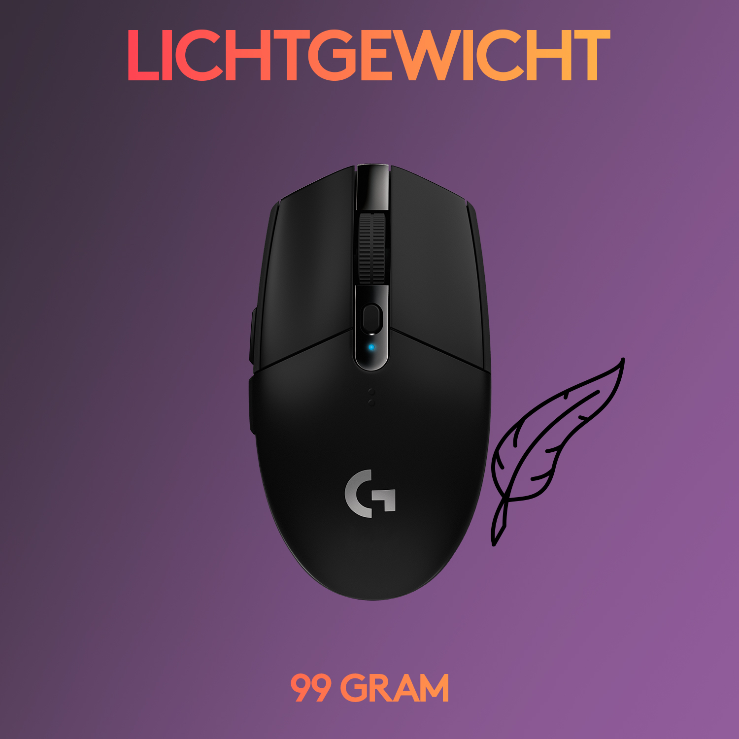 Black Logitech mouse. It has a scroll wheel and the brand logo. A feather is next to it.