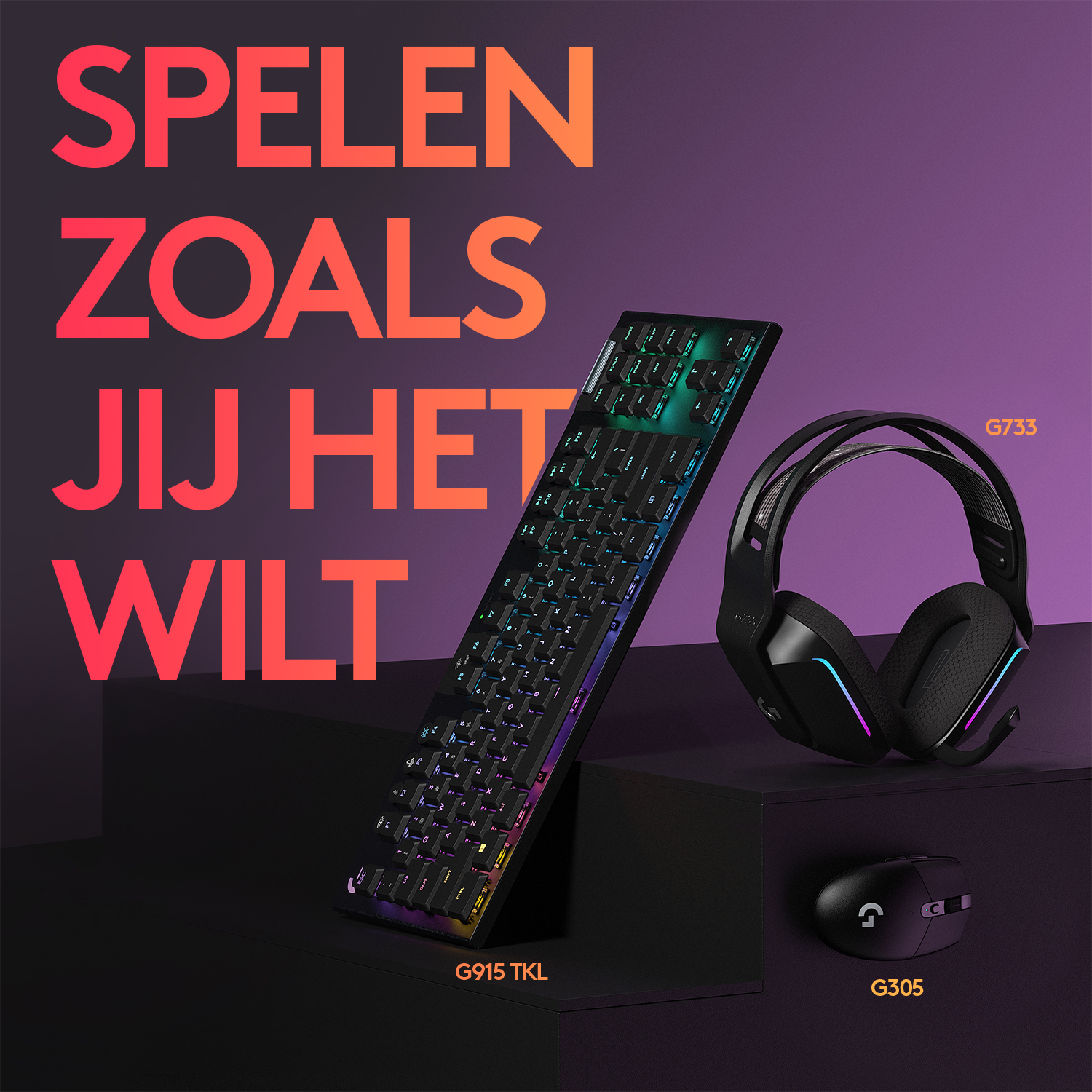 Gaming keyboard, headset, and mouse setup, with colorful accents.
