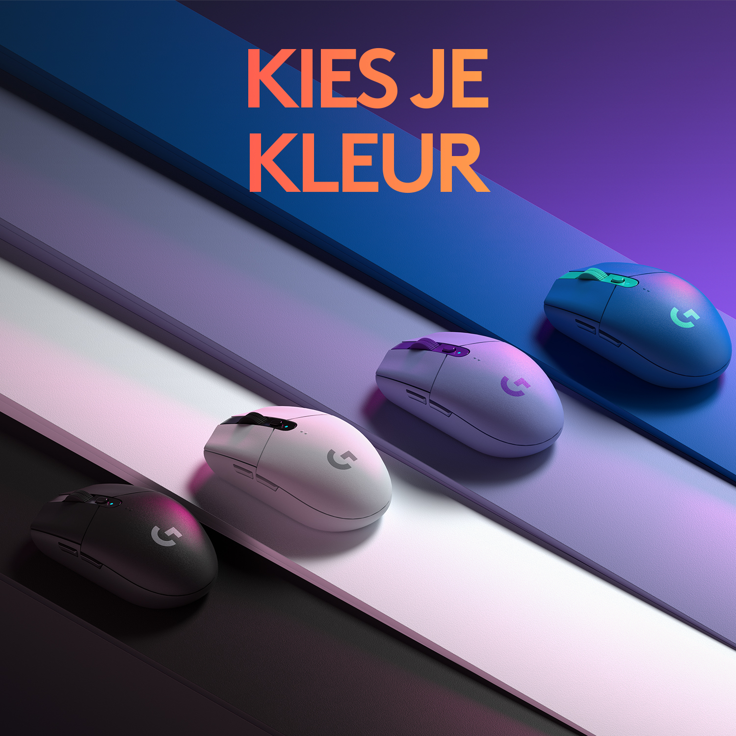 Four gaming mouses in black, white, purple, and blue.