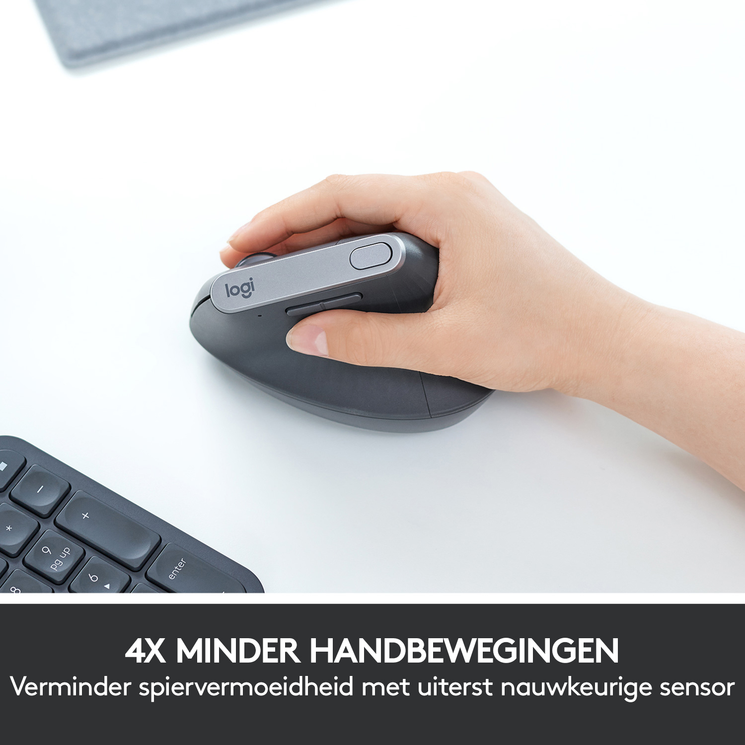 Hand holding a gray ergonomic mouse. Text: 4X LESS HAND MOVEMENTS.