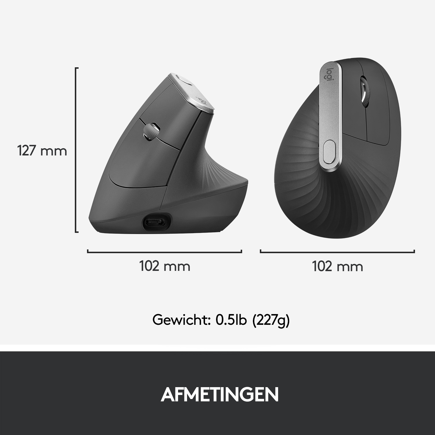 Two Logitech ergonomic mice, gray color. Measurements displayed: 127mm height, 102mm width, and 102mm depth.