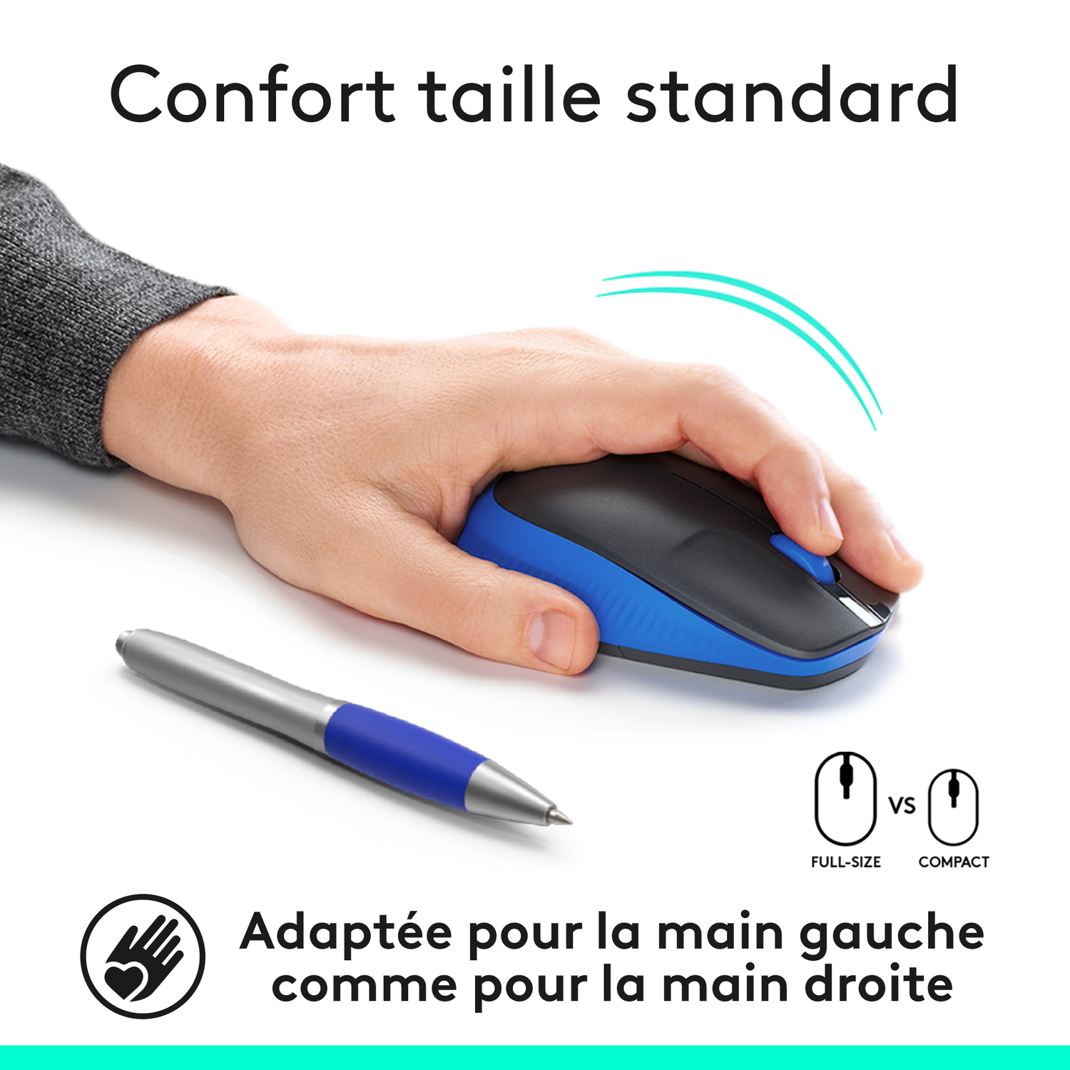 Main tenant une souris bleu-noir avec un stylo. Texte : Adapté aux mains gauche et droite.